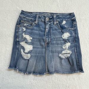 American Eagle Outfitters Distressed Blue Denim Skirt Holes NE(X)T LEVEL STRETCH